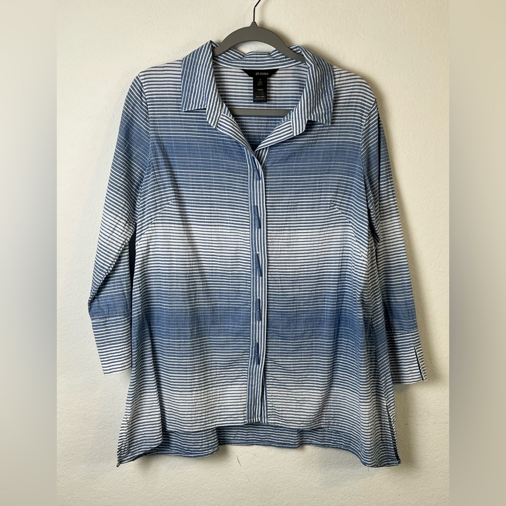 Ali Miles Blue White Striped Cotton Art To Wear Lagenlook Tunic Button Down